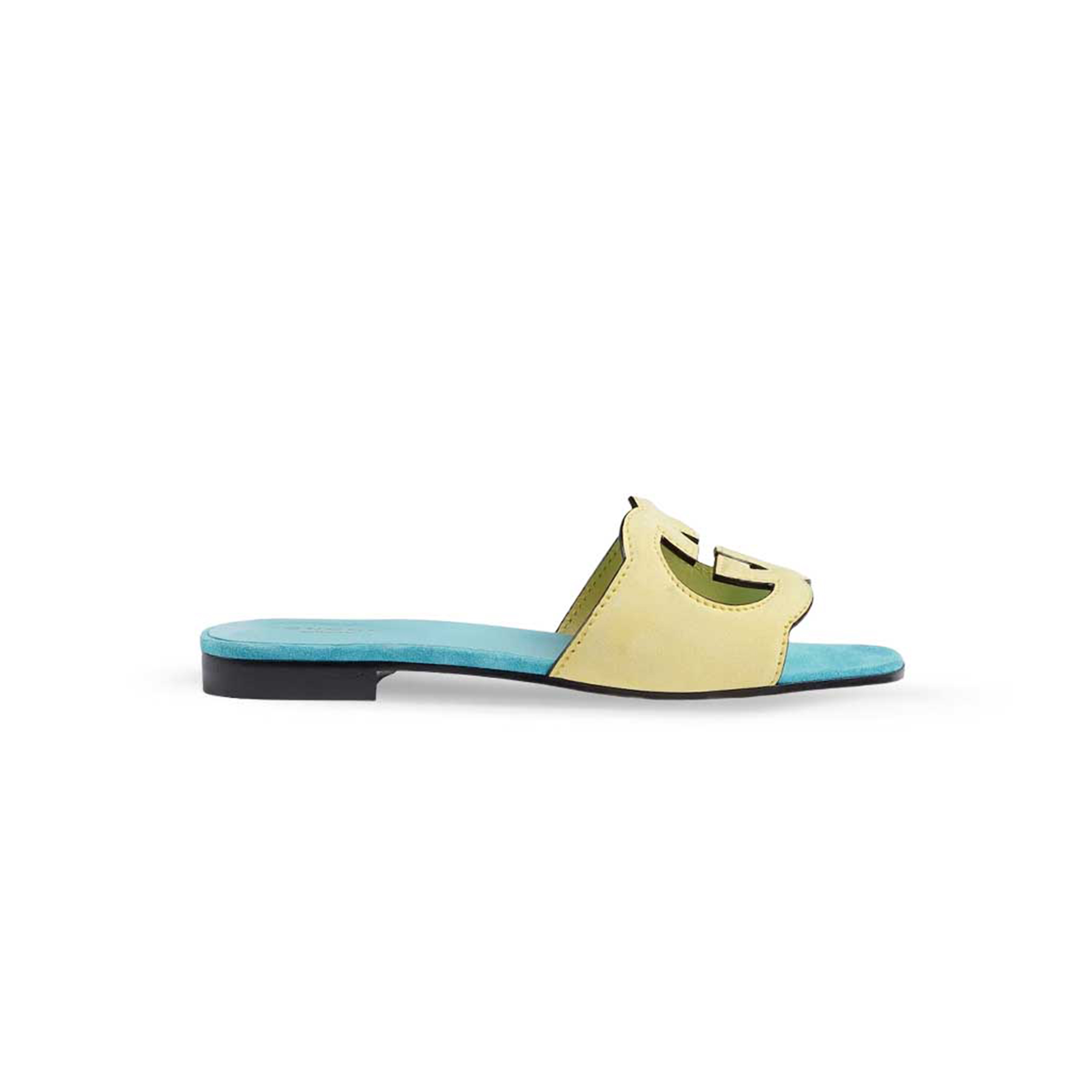 GUCCI INTERLOCKING G CUTOUT SLIDE SANDALS YELLOW LIGHT BLUE 694451